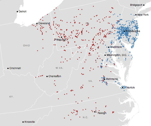The geographic footprint of Wawa (blue) vs. that of Sheetz (red)