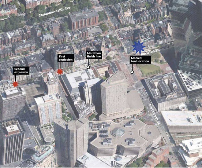 The two bomb sites and the site of (one of) the defused bomb(s).