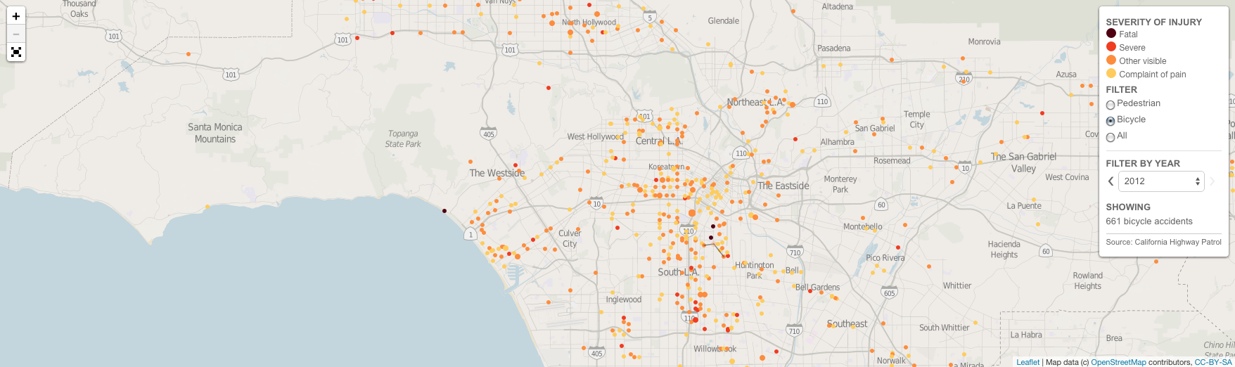 Locations of hit-and-run accidents in and around LA